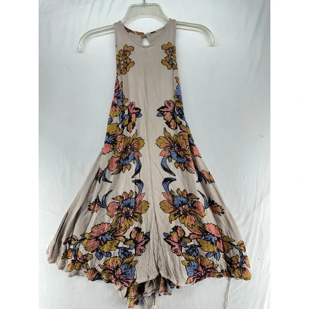 Free People Floral Lace Up Side Mini Dress Taupe Boho Sleeveless Size S